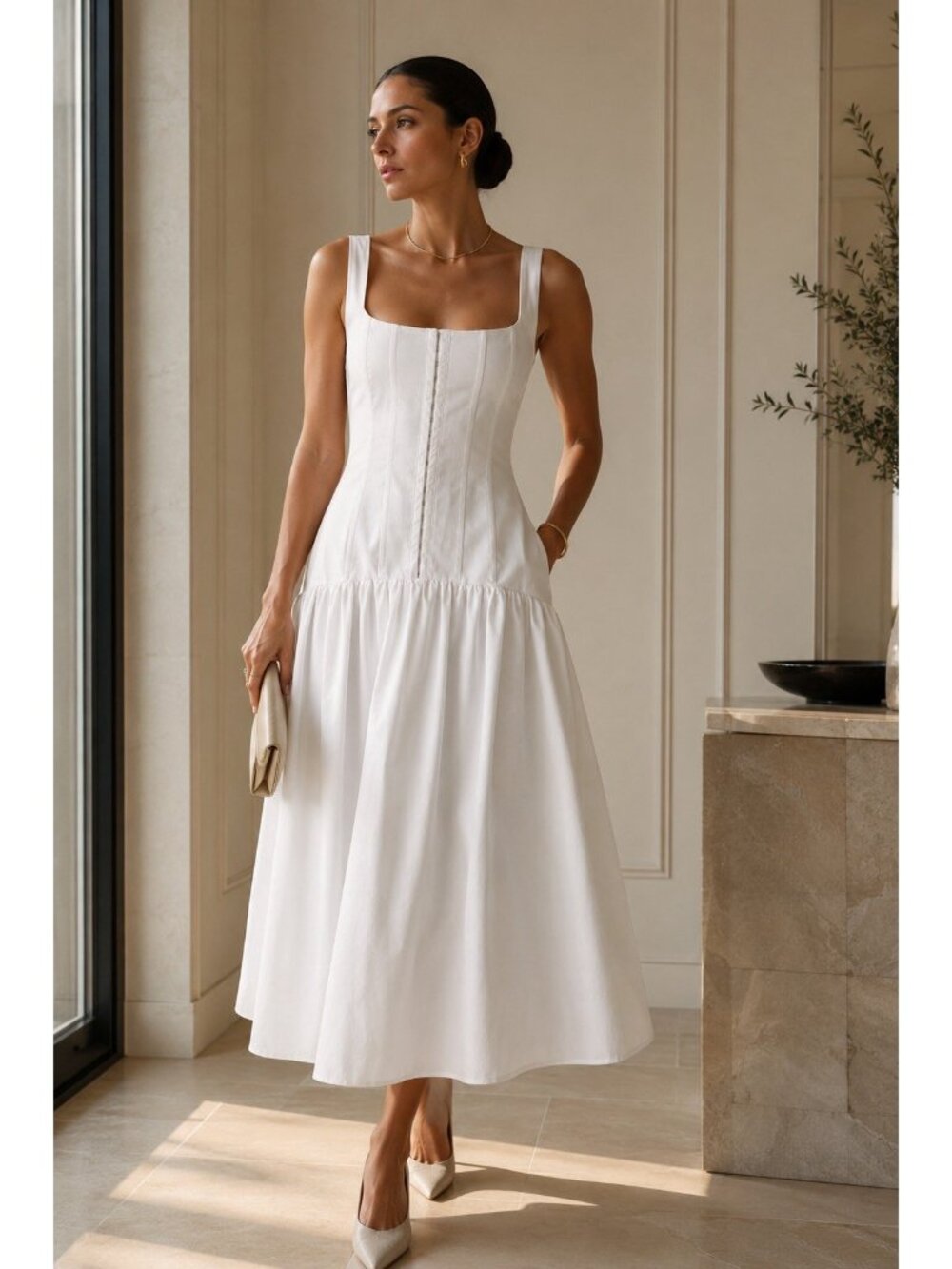 Lulus Kyla Midi Dress Sz Medium White Drop Waist Corset Coquette Sundress Bridal - Picture 2 of 9